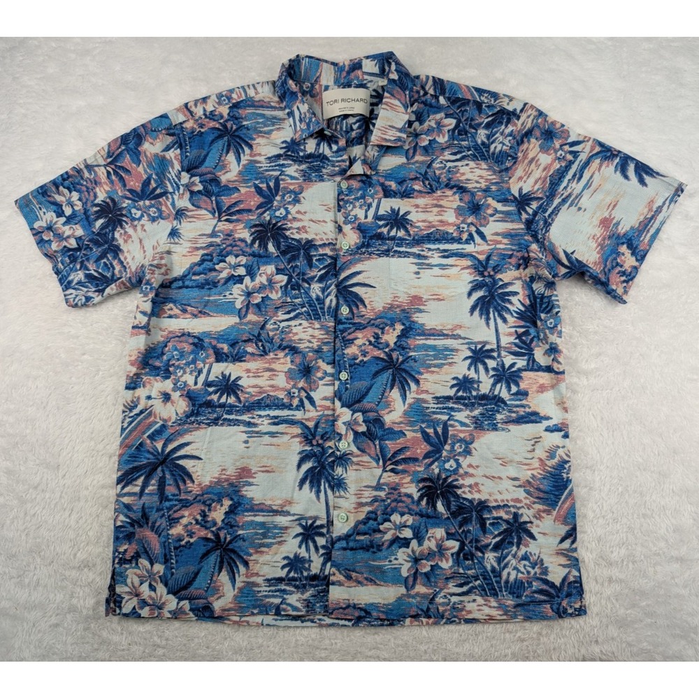 Tori Richard Shirt XL Blue Palm Tree Print Hawaiian Short Sleeve Made in USA
